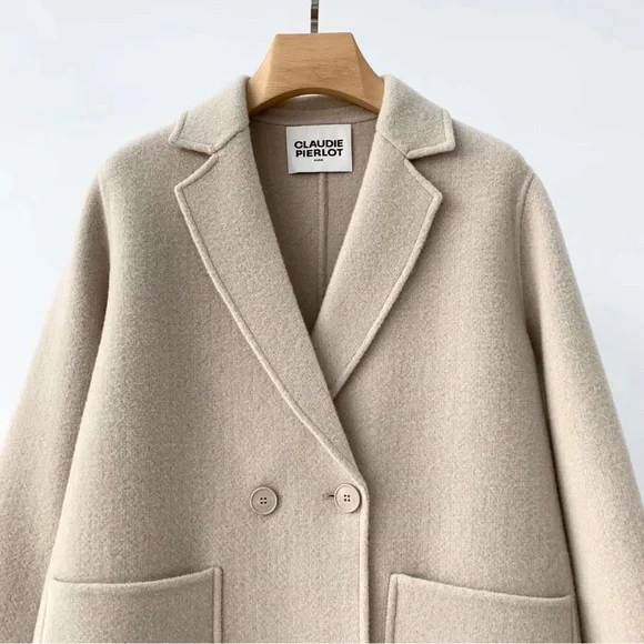 ⛄️CLAUDIE PIERLOT double-breasted patch pocket long wool blend coat NWOT - Picture 7 of 15